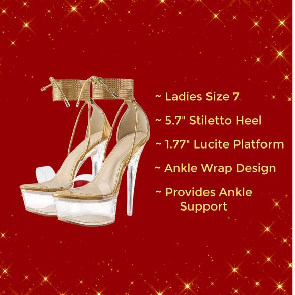 Ladies Size 7 Holographic Gold Ankle Wrap Strap Platform Stilettos - Picture 5 of 6